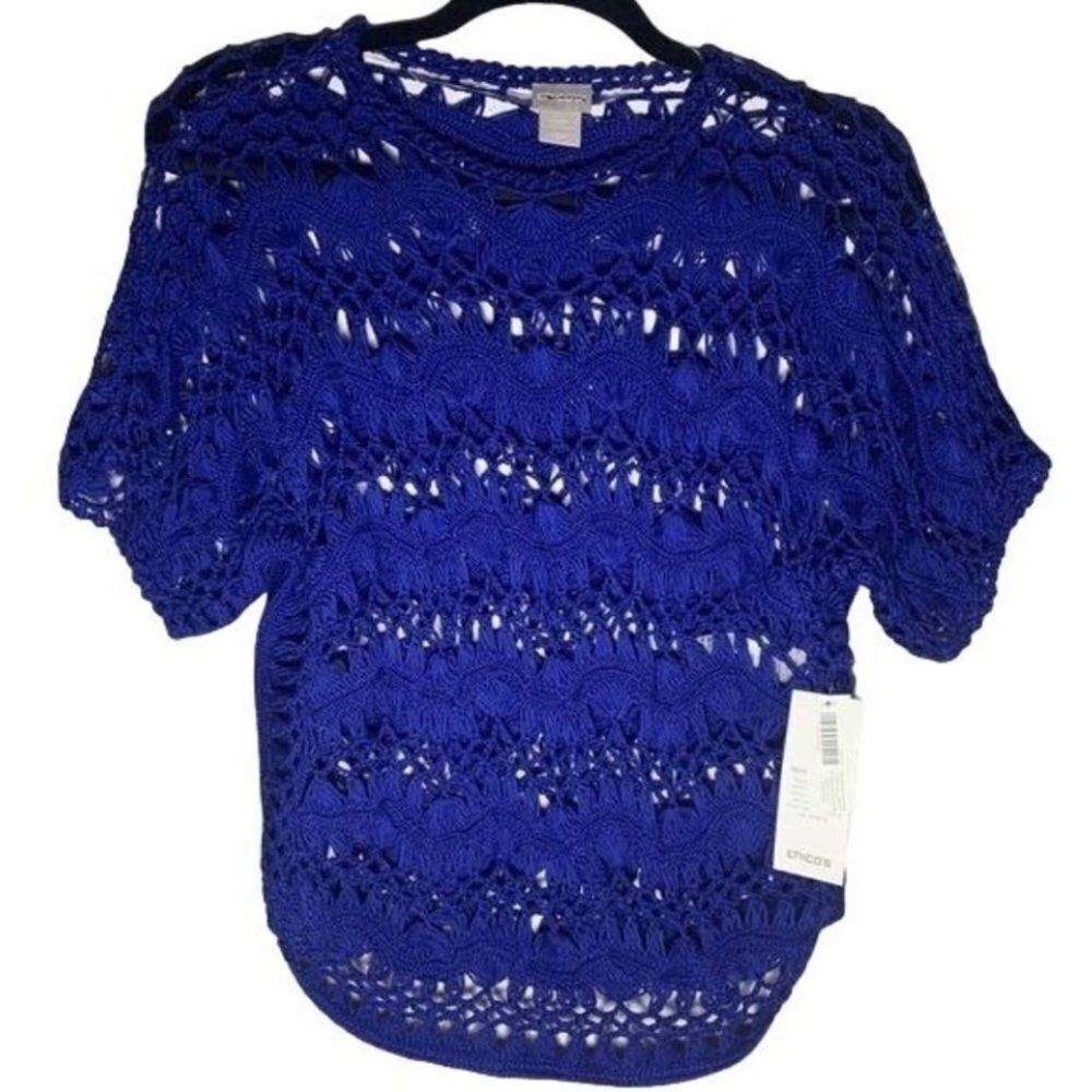 Chico’s Sweater Royal Blue Open Crochet Pullover Sweater 4 NWOT